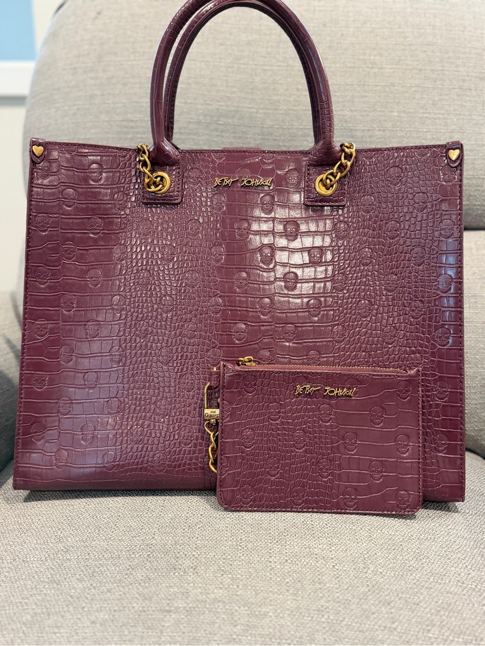 Betsey Johnson Plum Croc-Embossed Tote with Matching Zip Pouch